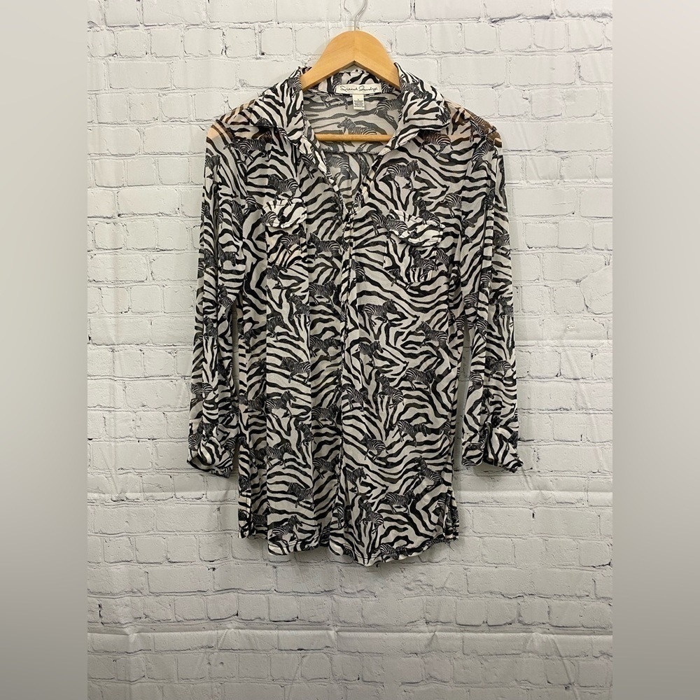 French Laundry Zebra Print Sheer Button Up Blouse Womens Size Large